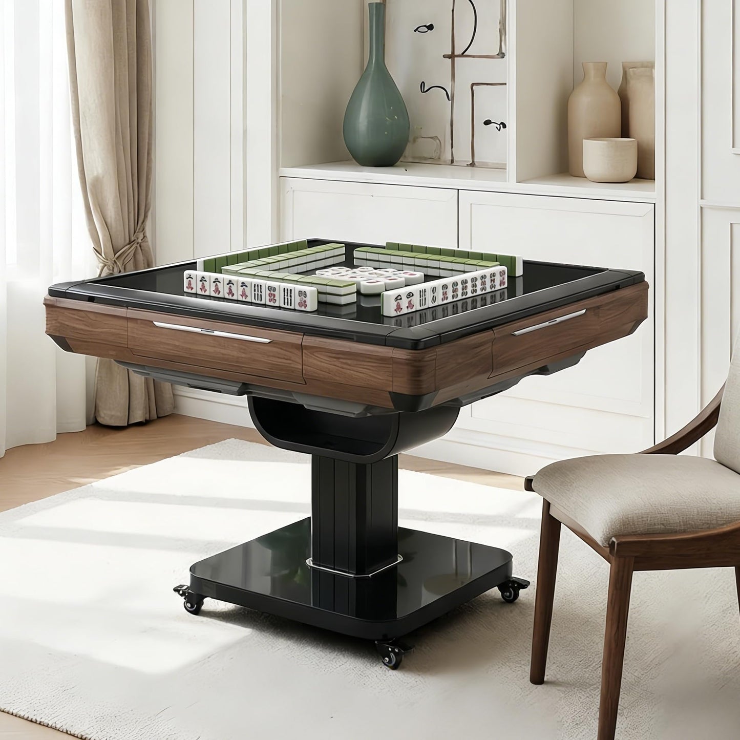 ComeWay Foldable Ultra-Thin Automatic Mahjong Table with Wheels, Mahjong Table Set with American Chinese & Filipino Style 42mm Numbered Tiles (with Hard Table Cover)