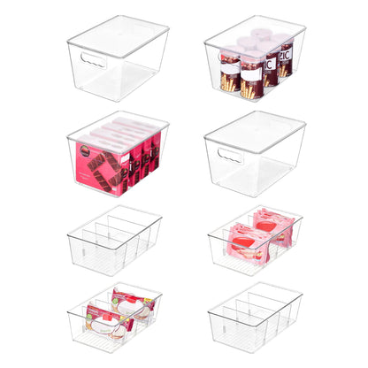 Vtopmart 8 Pack Clear Plastic Storage Bins Set, 4 Large Pantry Organizer Bins with Lids & Handles and 4 Medium Snack Organizer Bins with 4-Compartment for Pantry, Kitchen, Fridge, Cabinet Organization