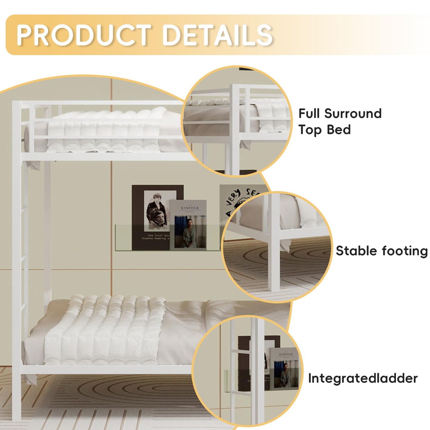 KEIKI Queen over Queen Size Metal Bunk Bed Frame with Built-in Ladder and Full-Length Railing, Modern Style Bunk Bed with Slats and Guardrail, No Box Spring Required, Easy Assembly, for Bedroom, White