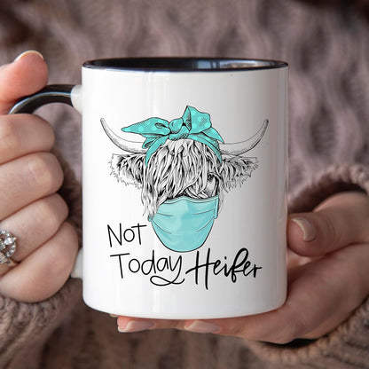 YouNique Not Today Heifer Mug - 11 Ounces Cow Coffee Mug - Social Distancing Cow Cup (Black Handle)