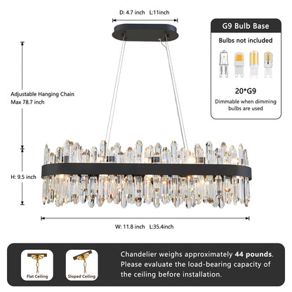 DUNFIZZ Modern Rectangular Crystal Chandelier, 20-Lights Black Raindrop Chandelier Lighting Contemporary Pendant Ceiling Light Fixture for Dining Room Living Room Kitchen Island L35.4''