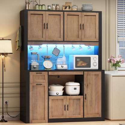 Itaar 71" Pantry Cabinet with Charging Station and LED Light, Kitchen Pantry Cabinet with Microwave Stand, 47.2" Wide Kitchen Storage Cabinets with Storage Cart 3 Tier for Dining Room (Brown)