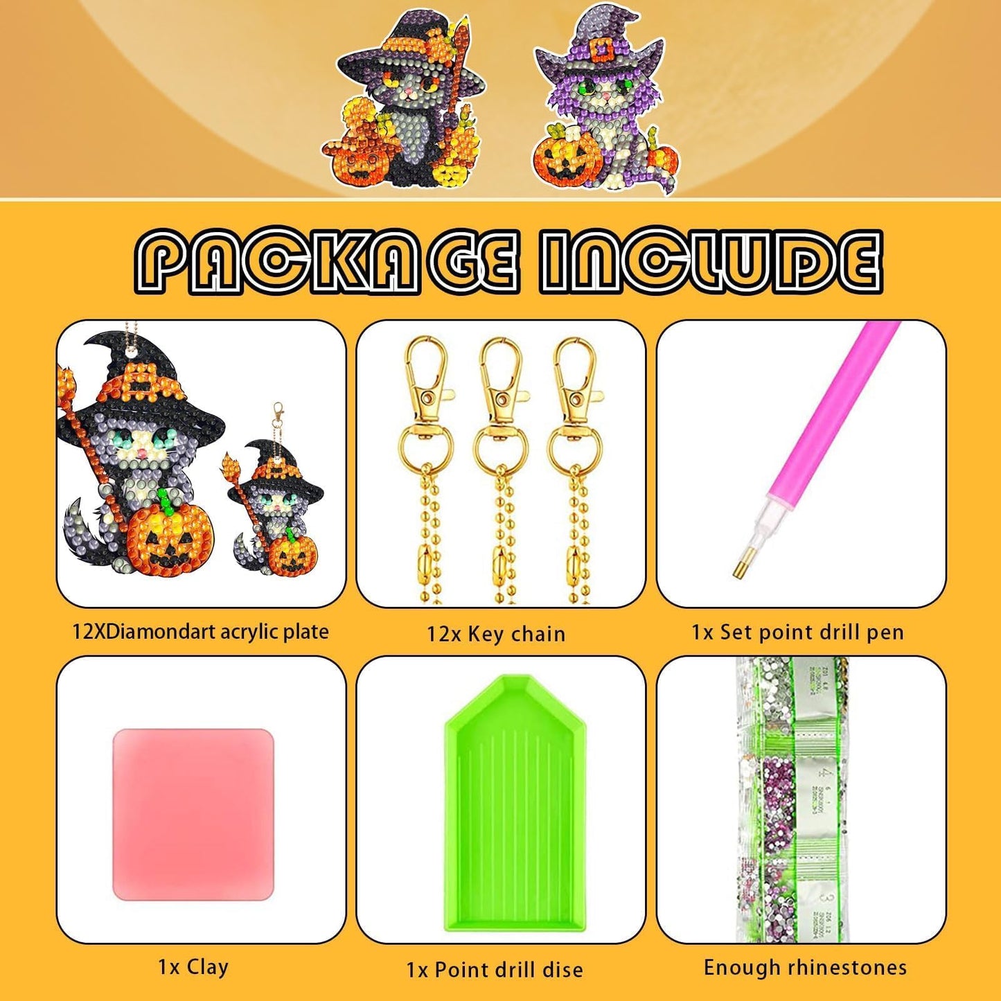 12 Pcs Halloween Cat Diamond Keychains Kit Double Sided DIY Cute Halloween Cat Diamond Keychains for Beginners Adults Art Craft Supplies Holiday Gift