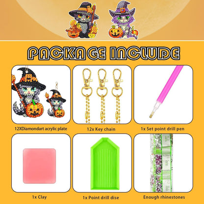 12 Pcs Halloween Cat Diamond Keychains Kit Double Sided DIY Cute Halloween Cat Diamond Keychains for Beginners Adults Art Craft Supplies Holiday Gift