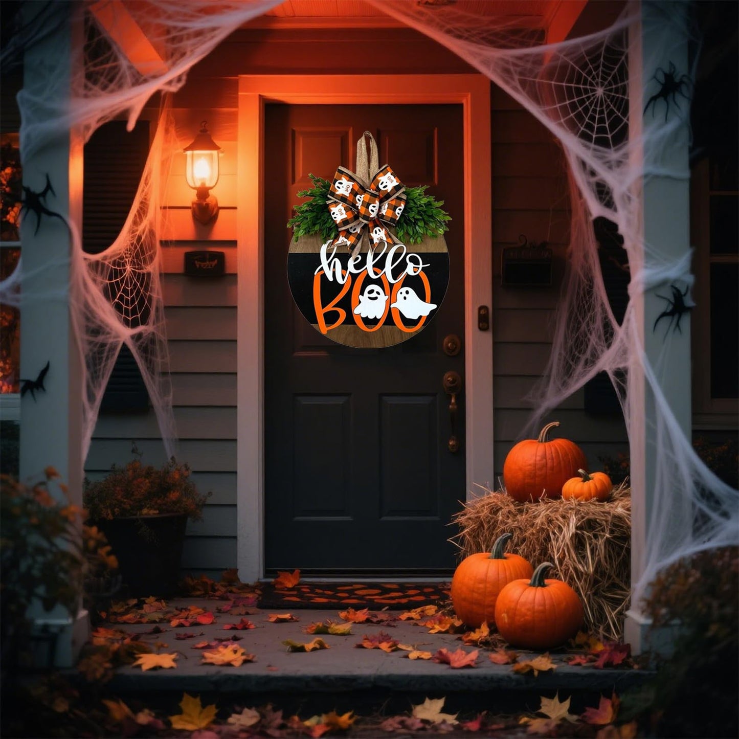 Cute Halloween Ghost Door Hanger Sign, Wooden Welcome Wreath for Front Door Farmhouse Porch Outdoor Wall Decor