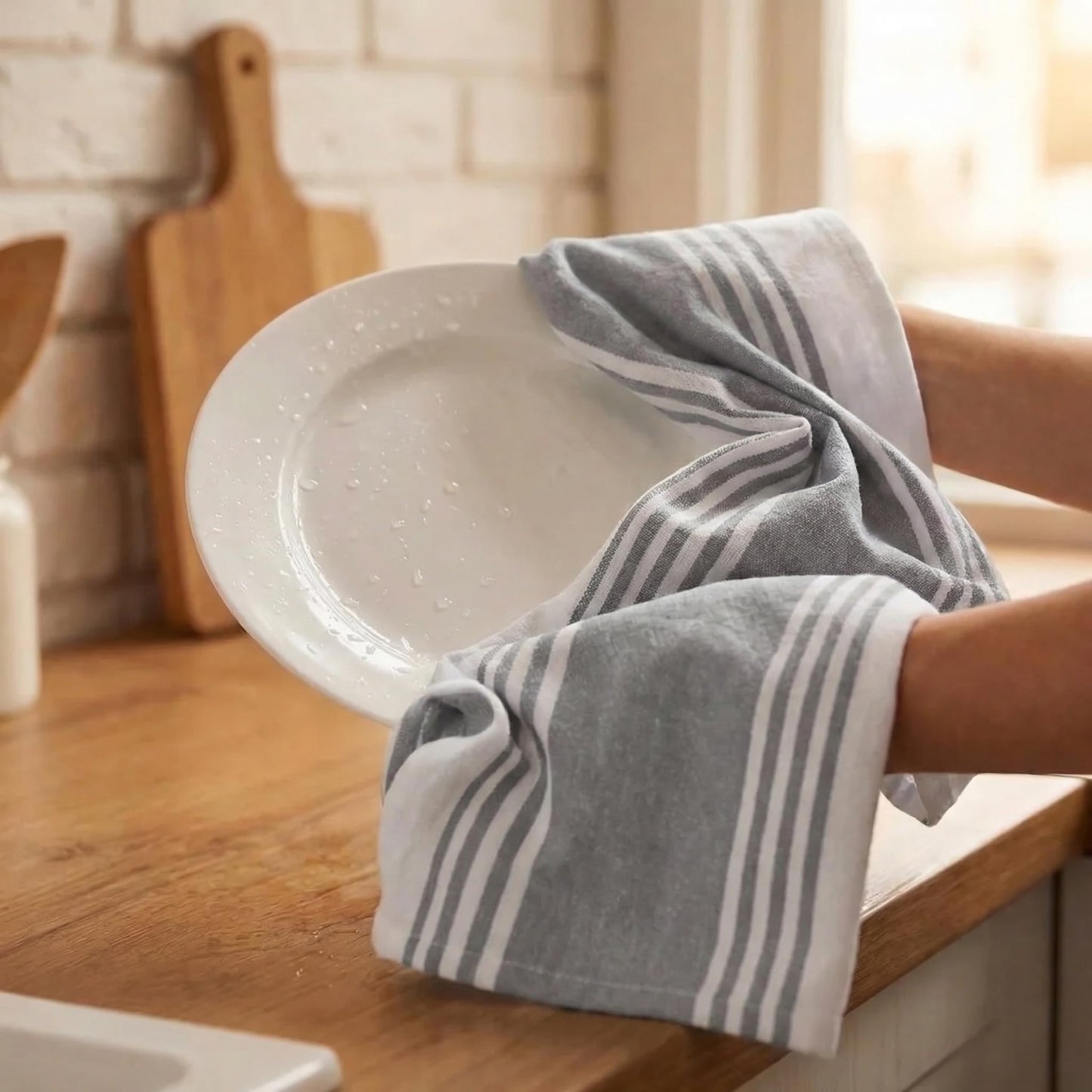 Urban Villa Kitchen Towels 100% Cotton Dish Towels for Kitchen (Set of 6) 20”x30” Dish Cloths Highly Absorbent Kitchen Linen Set with Hanging Loop Perfect for Drying Dishes Cleaning Towels-Grey White
