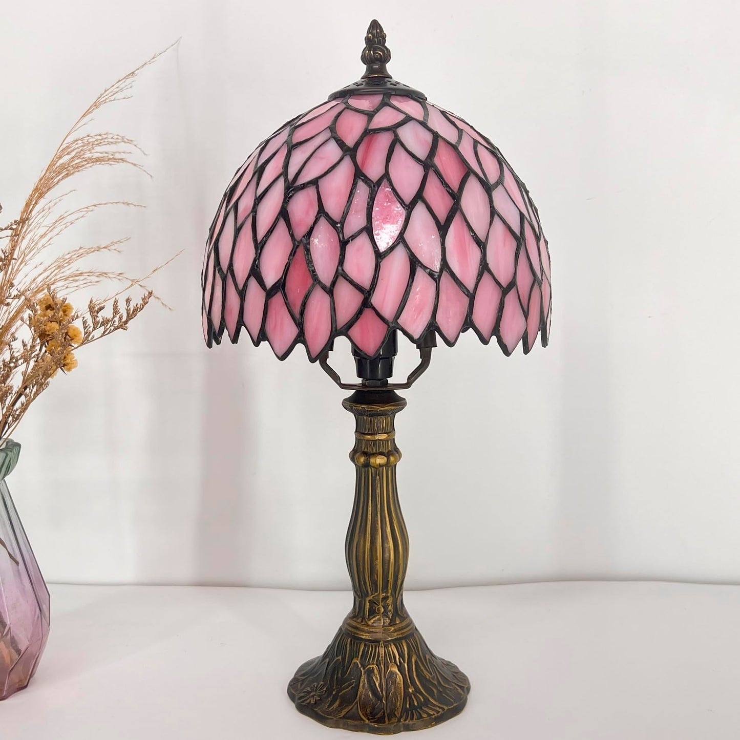 TCODTPOL Table Lamp Base Replacement Only, Wide 4 Height 15 Inch, Fit for 6, 8, 10 Inch Tiffany Style Stained Glass Lampshade, Dark Bronze Finish,Resin, Push Switch On Cord(B (W4H15 Inch))