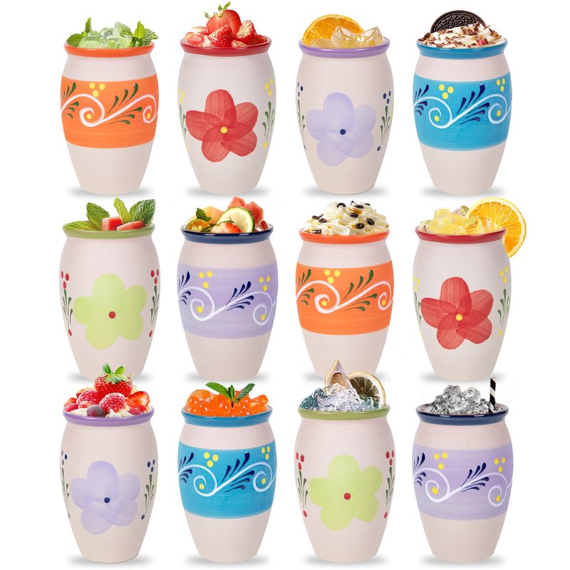 FirstGift 12-Pack Cantaritos de Barro Mexicanos – 12 oz Handmade Clay Cups for Margaritas, Taco Tuesday, Mexican Fiesta (Dishwasher & Microwave Safe)