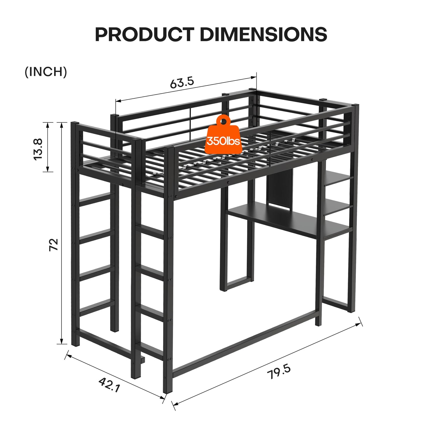 KEIKI Twin Size Loft Bed with Desk, 2 Side Ladders, Storage Shelves, Safety Guardrail, No Box Spring Needed, Space-Saving Metal Loft Bed Frame for Kids/Teens/Adults