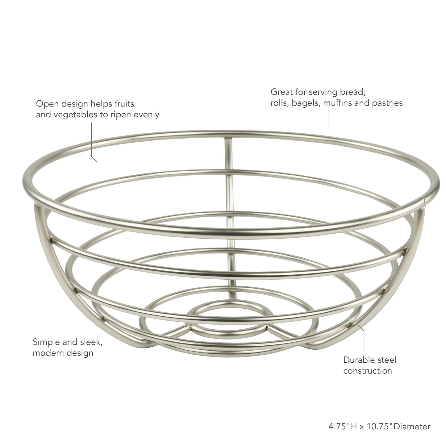 Spectrum Euro Wire Fruit Basket for Kitchen Countertop Storage, Sturdy Steel Metal Wire Decorative Fruit Bowl for Fresh Produce Vegetables Bread & Snacks Modern Open Design for Airflow, Satin Nickel