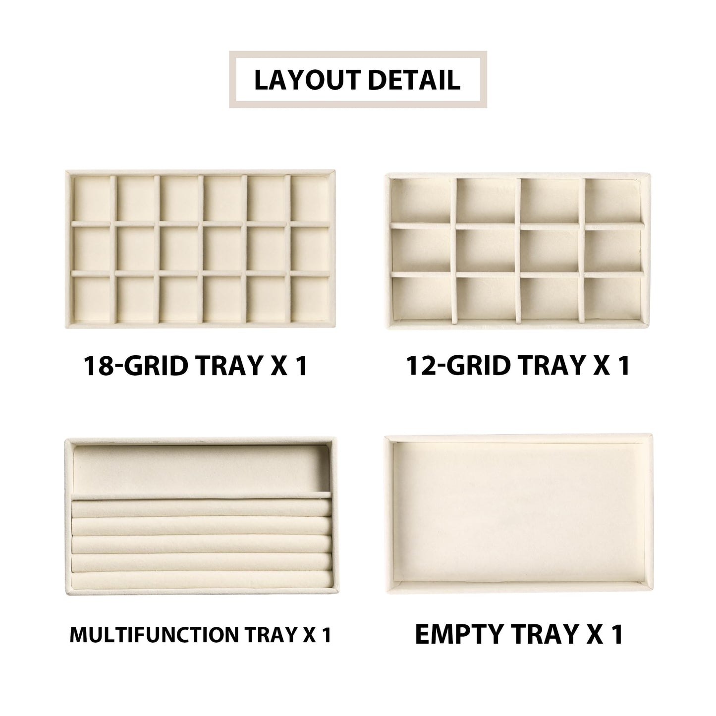 Frebeauty Jewelry Organizer Tray,Stackable Velvet Jewelry Trays,Drawer Inserts Earring Organizer For Women Jewelry Storage Display Case for Rings Stud Necklaces,Set of 4(Beige)