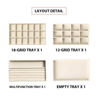 Frebeauty Jewelry Organizer Tray,Stackable Velvet Jewelry Trays,Drawer Inserts Earring Organizer For Women Jewelry Storage Display Case for Rings Stud Necklaces,Set of 4(Beige)