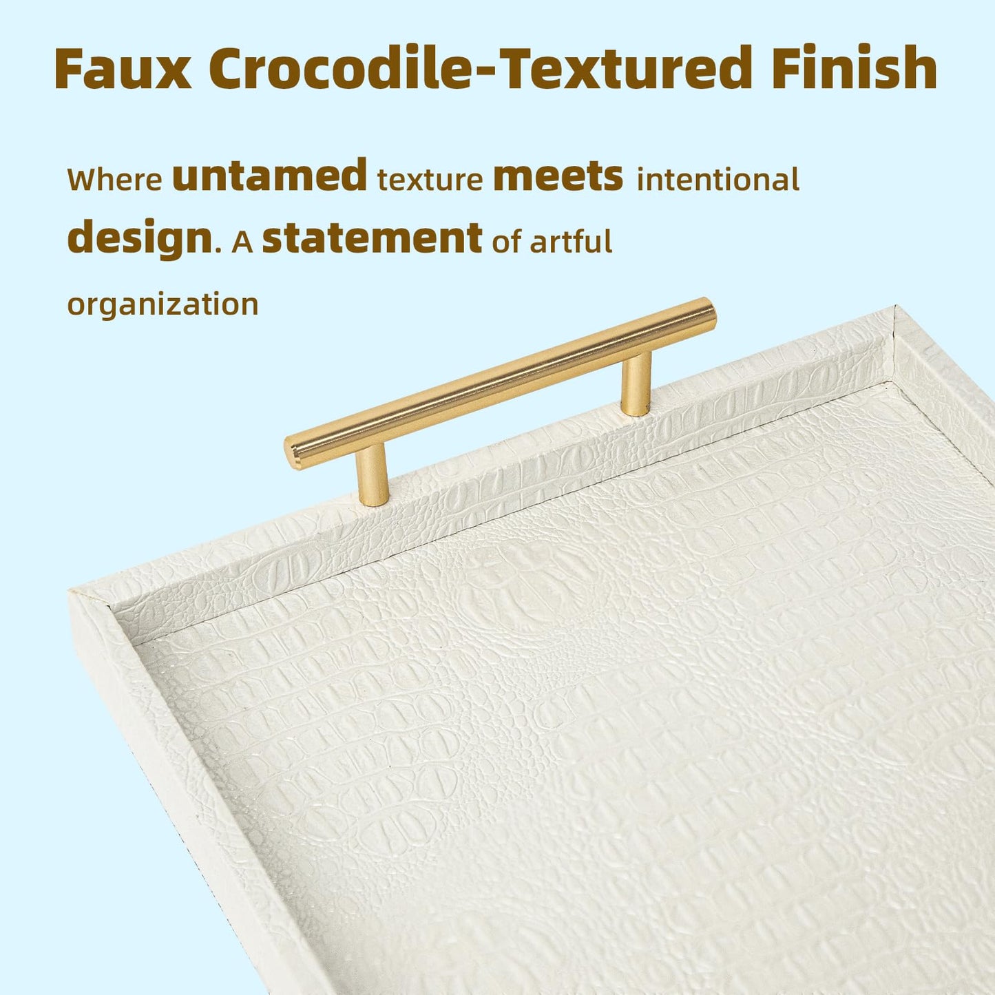 MACVAD Set of 2 Modern Elegant Large Wood Serving Tray, Rectangle Decorative Tray Ottoman Tay Coffee Table Tray, Pearl White Crocodile Leather with Gold Polished Metal Handles