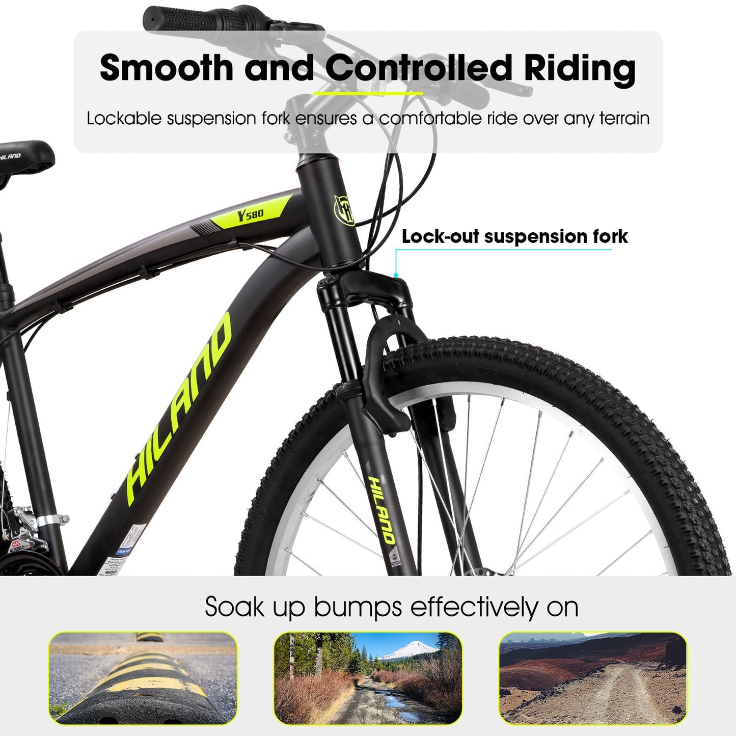 HH HILAND Mens and Womens Mountain Bike, 26 Inch 18 Speed Mountain Bicycle with Dual Disc Brake, Front Suspension Fork, High Carbon Steel Frame Urban Commuter Bike for Adults, Black Yellow