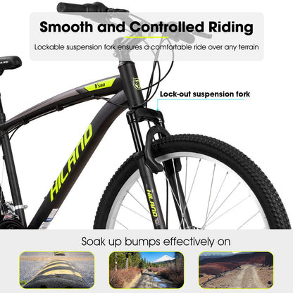 HH HILAND Mens and Womens Mountain Bike, 26 Inch 18 Speed Mountain Bicycle with Dual Disc Brake, Front Suspension Fork, High Carbon Steel Frame Urban Commuter Bike for Adults, Black Yellow