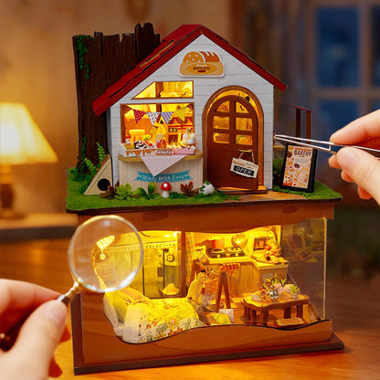 Foyucool Miniature House Kit, DIY Dollhouse Kits with Lights and Dust Cover, The for Family & Friends, Creative Craft Kit with Two-Story Bakery & Forest Basement