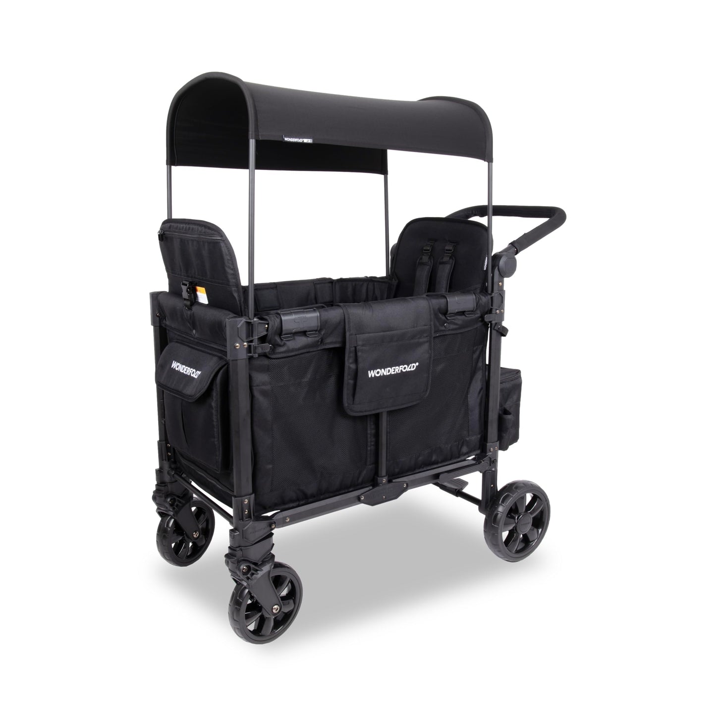 WonderFold W2 Elite Pro Stroller Wagon - Foldable Wagon with Aluminum Frame - Adjustable Canopy & Push Handle - All-Terrain Wheels - for Babies, Toddlers & Kids - 4 Seater - Jet Black