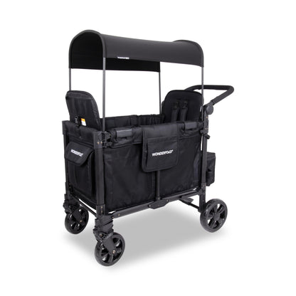 WonderFold W2 Elite Pro Stroller Wagon - Foldable Wagon with Aluminum Frame - Adjustable Canopy & Push Handle - All-Terrain Wheels - for Babies, Toddlers & Kids - 4 Seater - Jet Black