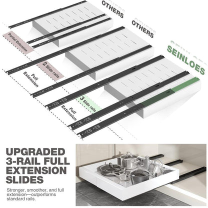 Seinloes 2 Pack Pull Out Cabinet Organizer 22" Deep,Full Extension 3 Slide Rails Slide Out Drawers With Raising Pad for Framed Cabinets,Expandable Width (12.3"-20.5"),No Drill Roll Out shelf,White