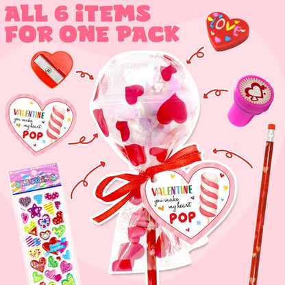 JJXUANER 24 Pack Valentines Day Gifts, Valentine's Day Gifts with Valentines Cards Pencils Stickers Erasers Stampers