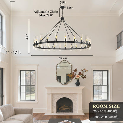 Black Wagon Wheel Chandelier 70 Inch, Large Chandeliers for High Ceilings, 24-Light Chandelier with Glass Shade, Modern Farmhouse Chandeliers for Living Room, Dining Room and Foyer(24 Bulbs Included)