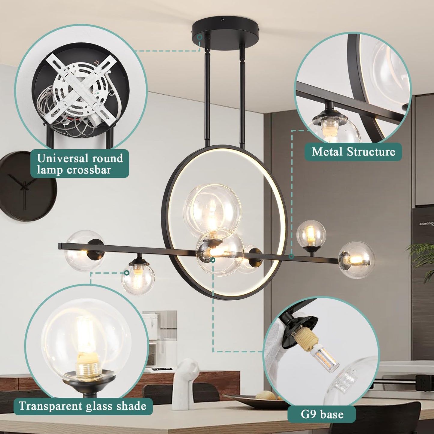 KELUOLY Modern 7 Light Dining Room Chandelier, 37.4" Black Dimmable Mid Century Linear Pendant Lights with Globe Glass Shade, Minimalist Island Light for Dining Room, Office, Kitchen