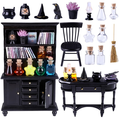 Celltestria 56 Pcs Halloween Miniatures Decorations 1:12 Scale Magic House Accessories Mini Wooden Bookshelf Furniture Set Tiny Sorcery Bottles Books Desk Chair Witch Hat Dollhouse Decor