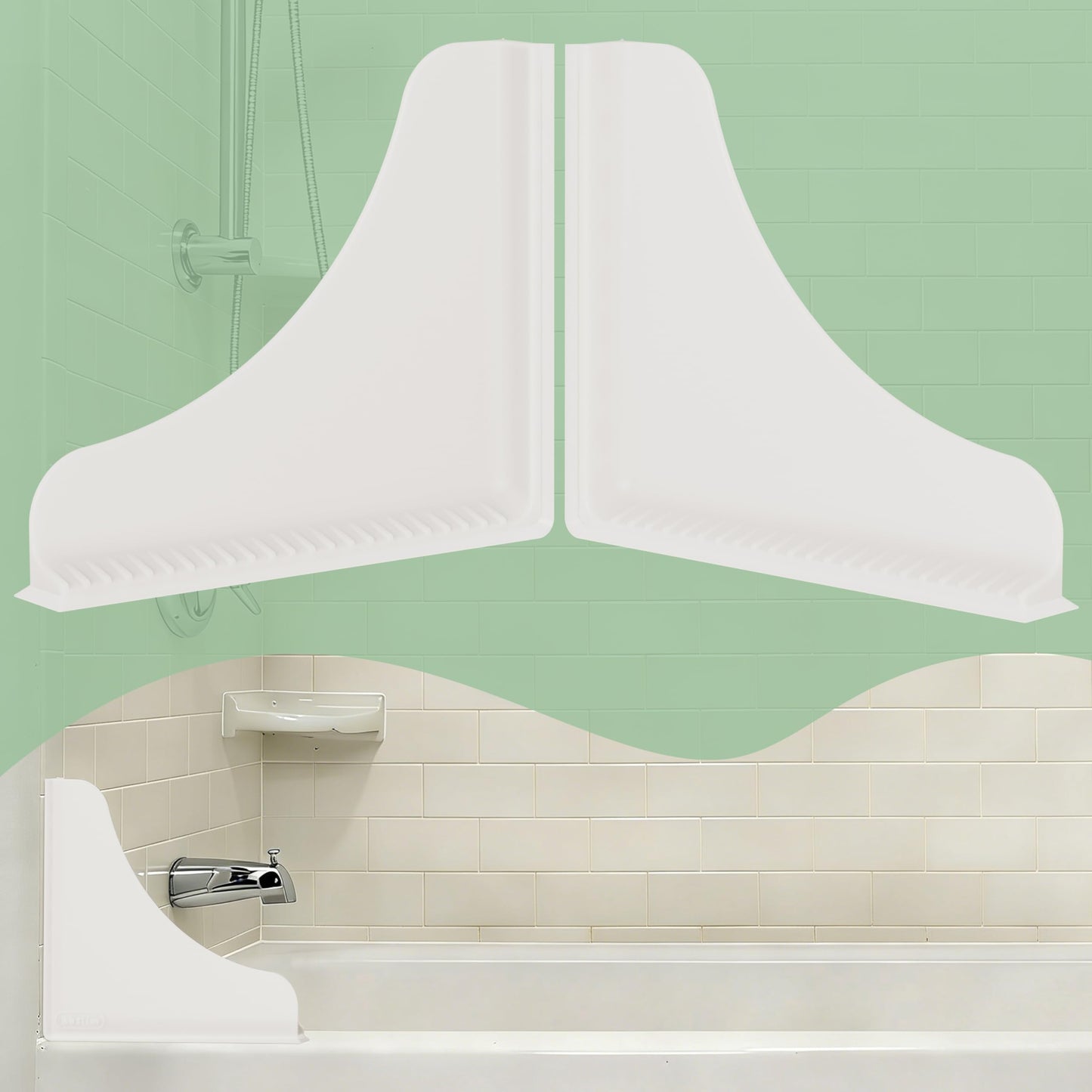 Roslim Shower Corner Splash Guard, 2 Pack No-Adhesive Silicone Bathtub Splash Guards with Suction Cups, Reusable Water Blocker for Tub & Walk-in Shower Corners, Keeps Floor Drier, White