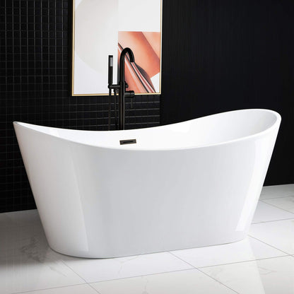 WOODBRIDGE 67" Acrylic Freestanding Bathtub Contemporary Soaking White Tub with Oil Rubbed Bronze Overflow and Drain，BTA1515-ORB-Drain&O