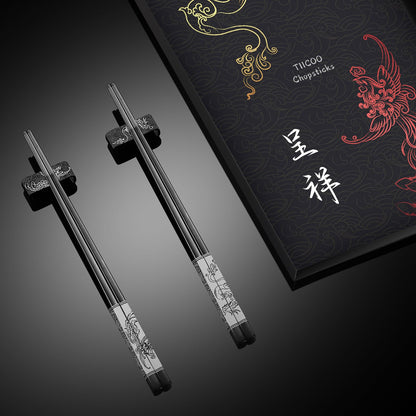 TIICOO Dragon & Phoenix Stainless Steel Chopsticks Set - 4 Pairs 18/8 (304) Metal Chopsticks with Holder - Chinese Traditional Gift Set, Non-Slip, Dishwasher Safe, Elegant Black Gift Box