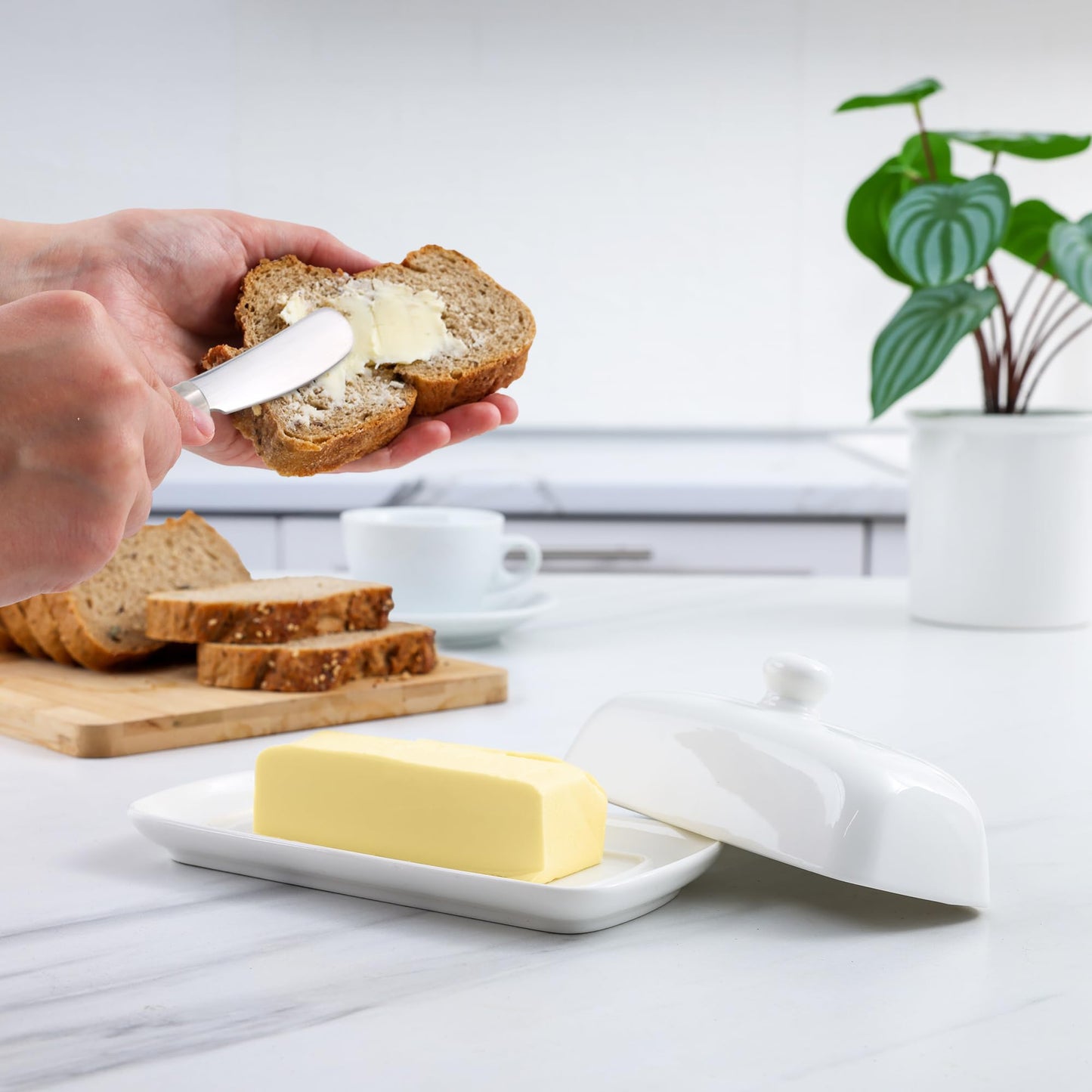 Zulay Kitchen Ceramic Butter Dish with Lid For Countertop & Stainless Steel Knife – Keeps Butter Soft & Fresh – White Butter Dish with Easy-Grip Knob, Durable & Everyday Butter Holder for Home - White