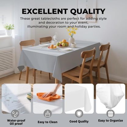 Skiennix Premium Disposable Plastic Tablecloths - 6 Pack | 54" x 108" for Indoor/Outdoor Events - Silver Grey