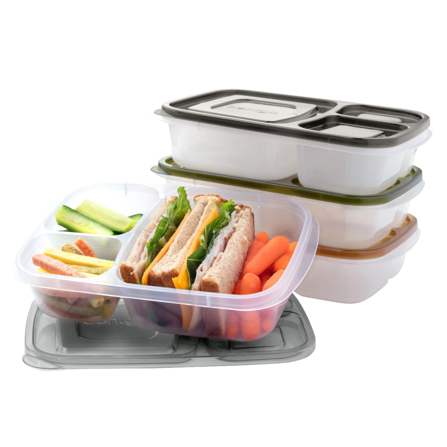 Bentgo Easyboxes - Original Stackable Lunch Boxes - Reusable 3-Compartment Food Containers for Kids and Adults - Bento Lunch Box for Meal Prep, School, & Work - BPA Free, (Earth Tones (4-Pack))