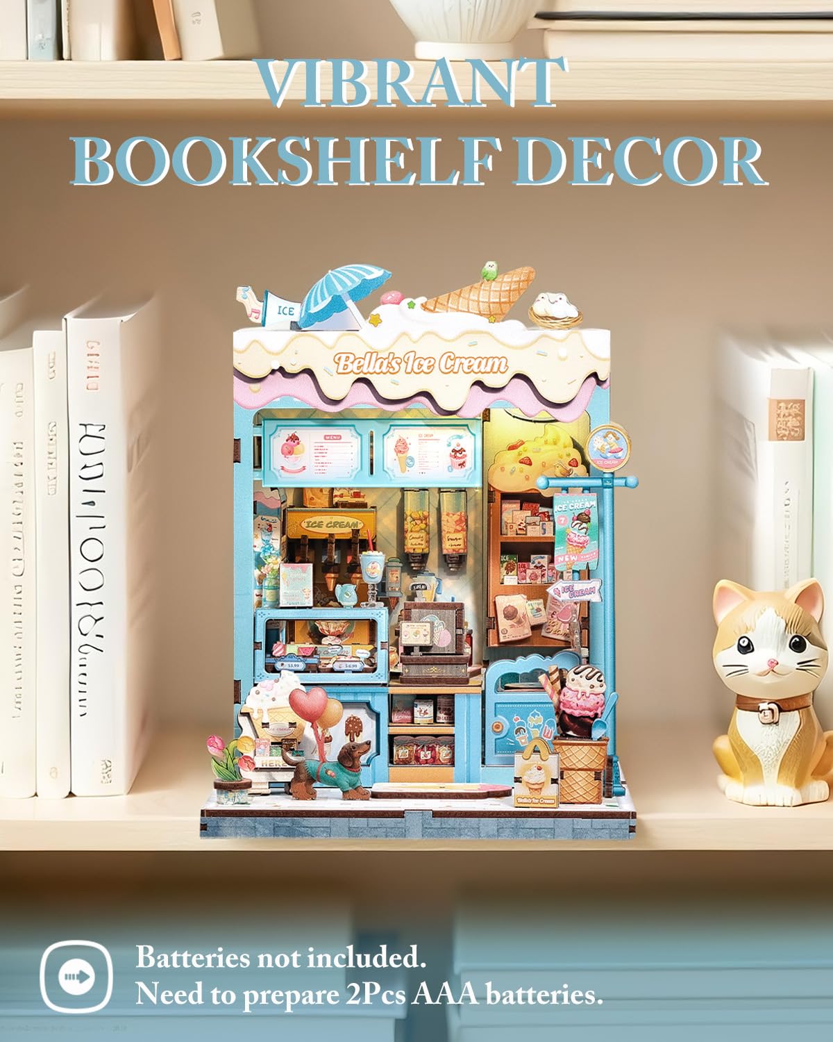Cutefun Book Nook Kit - DIY Miniature Dollhouse Kit for Adults and Teens, 3D Wooden Puzzle Bookshelf Insert Decor with LED Light, Gifts for Book Lovers and Beginners (Bella's Ice Cream)