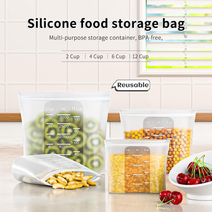 Bangp Premium Silicone Reusable Food Storage Bags,4 Pack,Stand-Up Bottom,Multi-Use Food Freezer Bag,Reclosable Silicone Bags for Marinate Meats,Salad Fruit,Home Organization,Leak-free,Dishwasher Safe