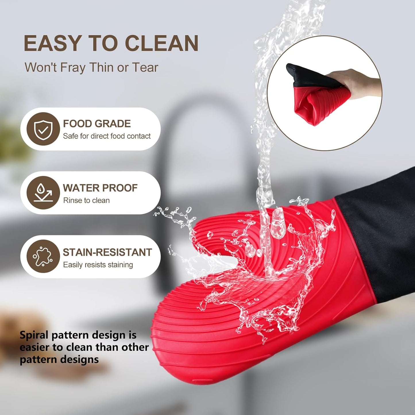 Silicone Oven Mitts - Red Heat Resistant 500F 13.6 in Waterproof Grippy Design for Cooking and Baking