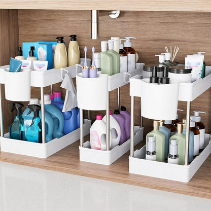 JYSMYWS 3 Pack Under Sink Organizers and Storage, 2 Tier Bathroom Cabinet Organizer Shelf with Hanging Cups for Kitchen & Bathroom (White)