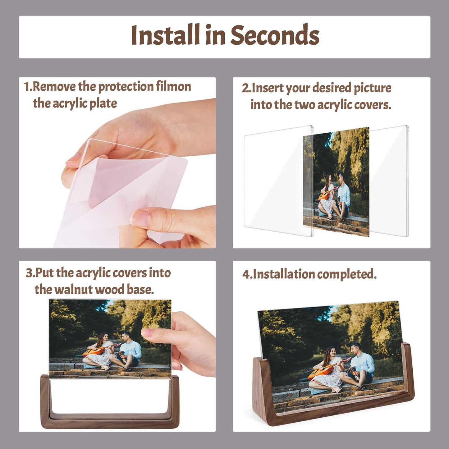 HETOOSHI Walnut Night Light Photo Frame - Illuminated Acrylic Picture Frame with Glowing Wooden Base, USB Powered Including charger, Easy Photo Swap (Vertical, 4X6 inch ﻿)