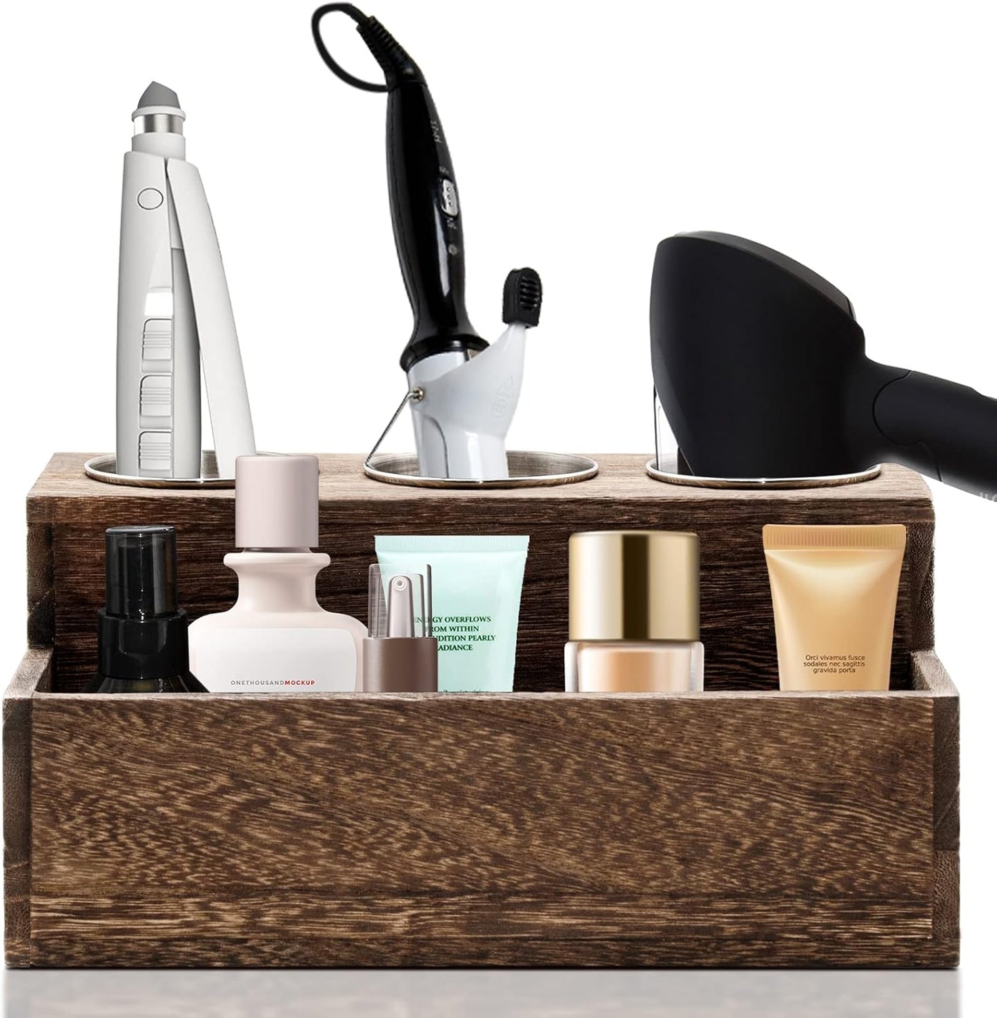 Rustic Wooden Hair Dryer Holder - Hair Tools Organizer with 3 Circular Holes and 1 Compartment for Bathroom Vanity