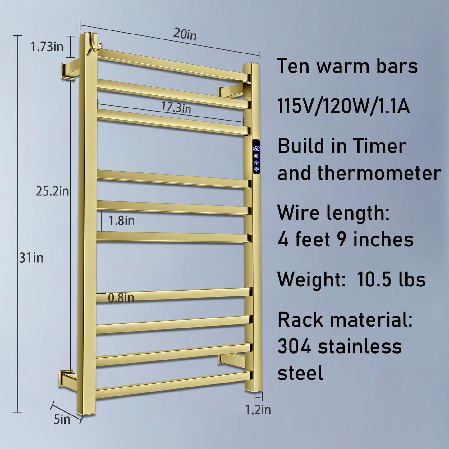 XBVV Towel Warmer Rack for Bathroom with Timer/Fahrenheit Temperature Control Wall Mounted Electric Heated 10 Bar Rail Plug-in or Hardwired Keep Bath Shower Towel Warming (Brushed Gold)