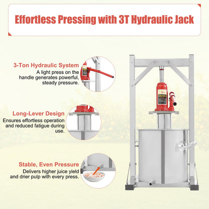 Fruit Press, 3.2 Gallon Food Grade Stainless Steel Cider Press with Hydraulic Jack Manual Grape Wine Making Supplies and Equipment Fruit Crusher for Home, Restaurants