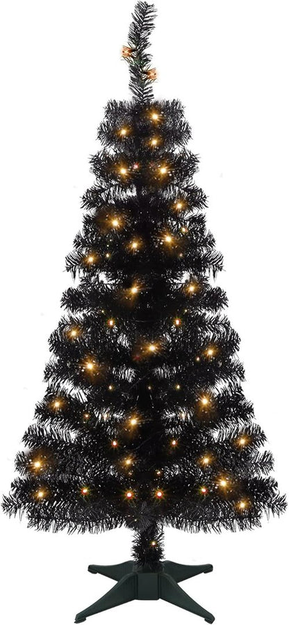 Juegoal Black Christmas Tree - Pre-Lit 4 FT Tinsel Pine with 70 LED Lights & Timer for Halloween Decor