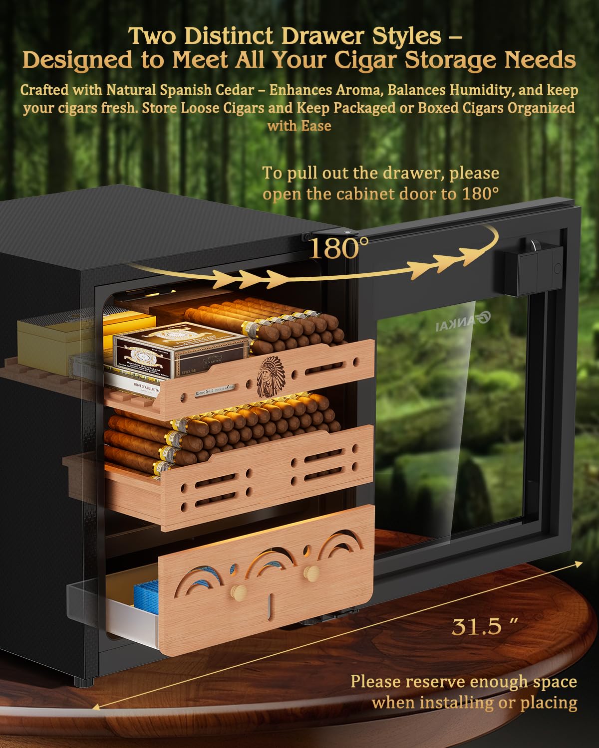 FANKAI Electric Cigar Humidor Cabinet with Temperature & Humidity Control System, 50L Cooling Cigar Fridge up to 300 Counts, Cedar Wood Shelves,Digital LED Screen,Fingerprint Safety Lock,Gift for Men