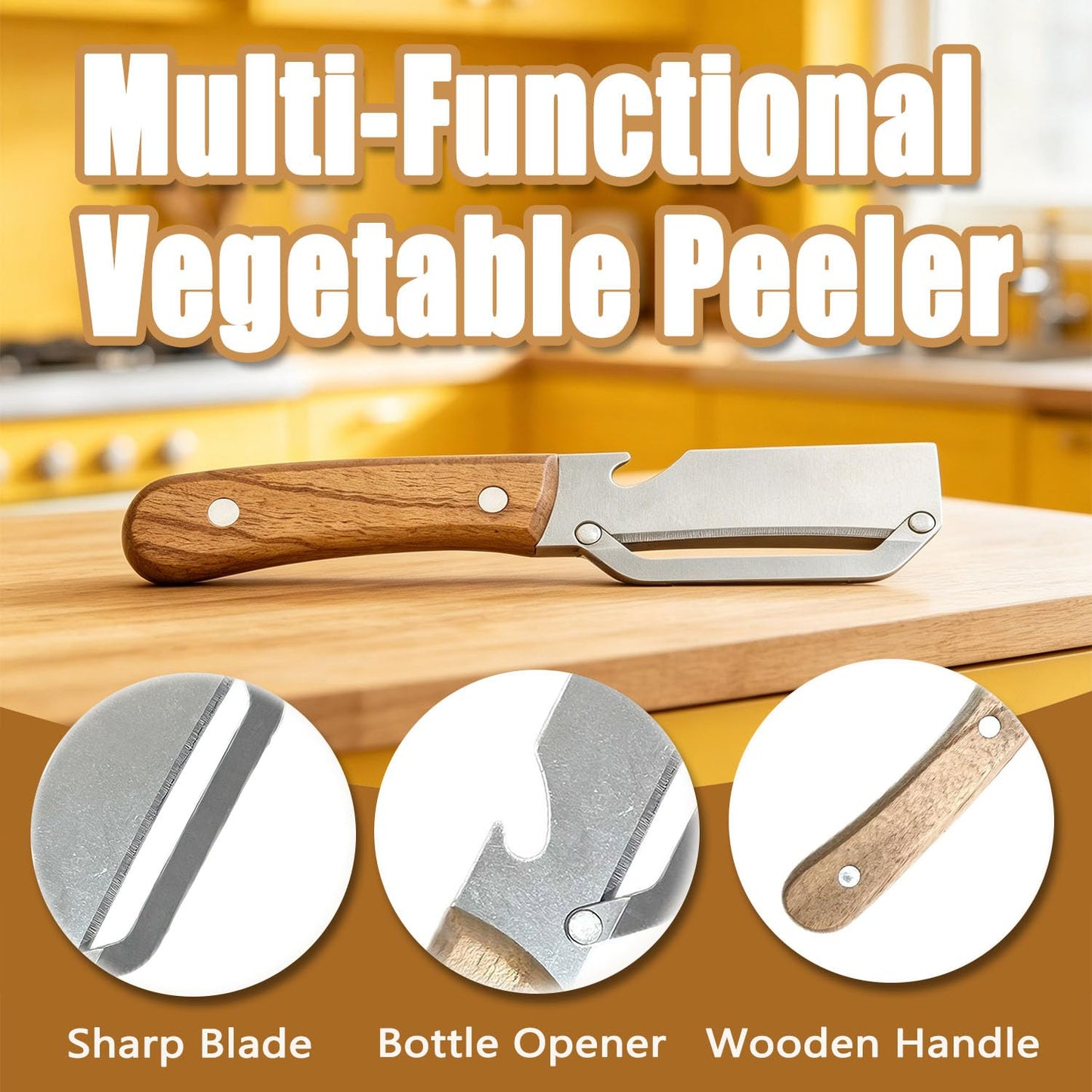 2Pcs Multi Functional Vegetable Peeler for Kitchen, with Bottle Opener and Wooden Handle, 2-in-1 Stainless Steel Kitchen Tool for Fruit Potato Pumpkin