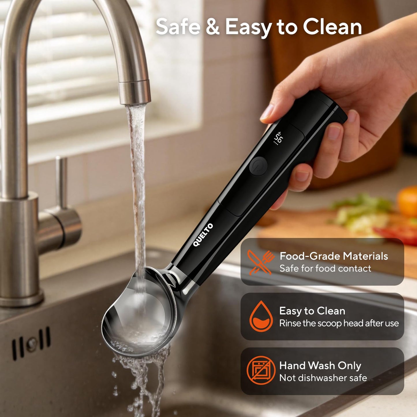 Heated Ice Cream Scoop with LED Display — Rechargeable Electric Ice Cream Scoop with Comfortable Handle, 3 Modes, IPX7, Non-Stick Stainless Steel for Hardened Ice Cream, Sorbet, Gelato, & Cookie Dough