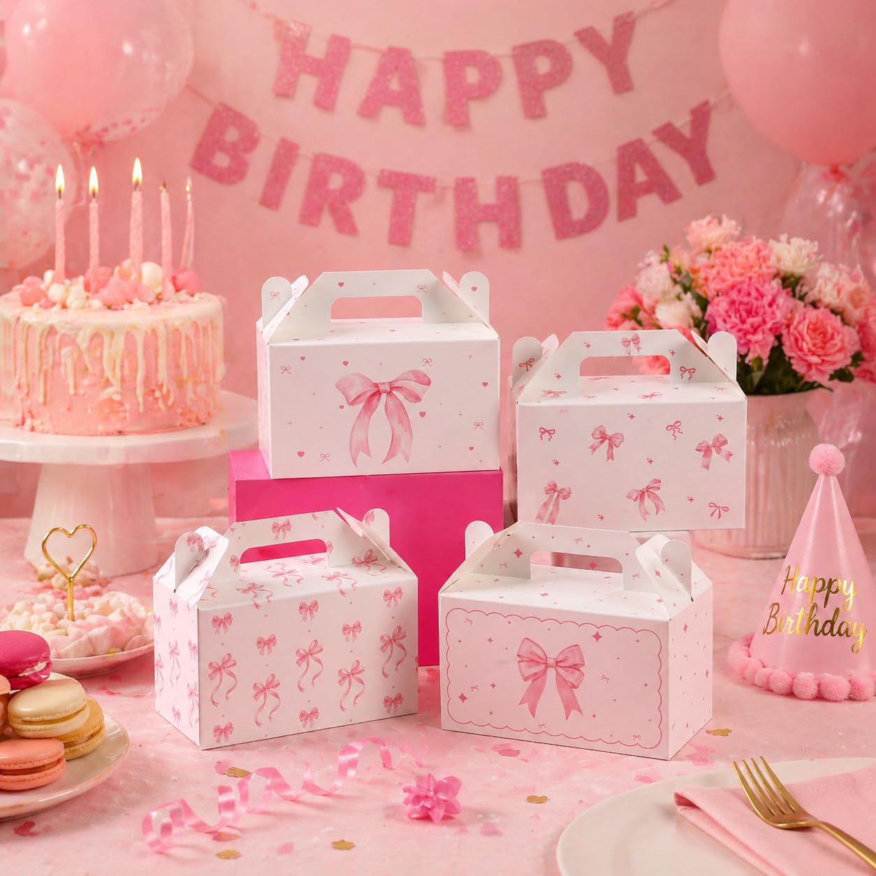 48 Count Pink Bow Treat Boxes Party Favors - 6x3.5x2.9 Inch Goodie Gift Boxes, Cute Bow Themed Candy Dessert Boxes for Birthday, Bridal & Baby Shower, Bachelorette, Engagement Party Supplies,4 Assorted Designs