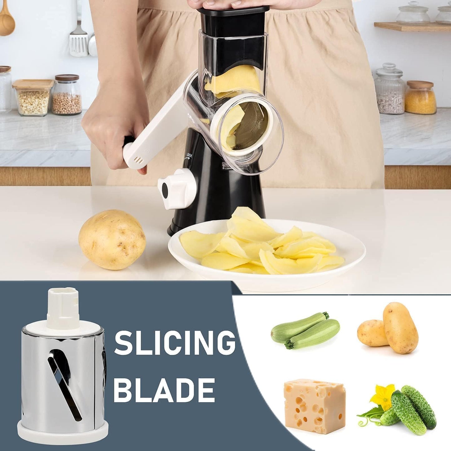 KEOUKE Rotary Cheese Grater Hand Crank Black - Shredder Slicer Grinder 3 Stainless Steel Blades, Stable Suction, Labor-Saving Handle, Safe Kitchen Tool for Cheese, Vegetable, Nuts, Chocolate