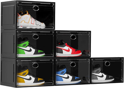 KEFA XL Shoe Storage Box Organizer, 6 Pack Clear Plastic Stackable Shoe Boxes for US 13 (Side 6 PACK BLACK)
