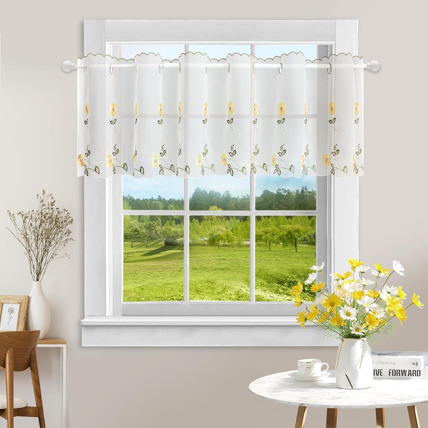 ZHH Sheer Embroidery Valance for Window with Daisy - Short White Kitchen Curtain, 1 Panel, 17x70inch
