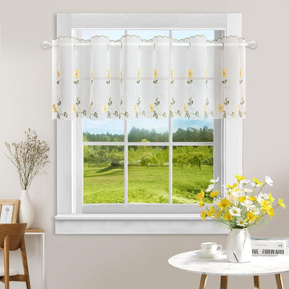 ZHH Sheer Embroidery Valance for Window with Daisy - Short White Kitchen Curtain, 1 Panel, 17x70inch